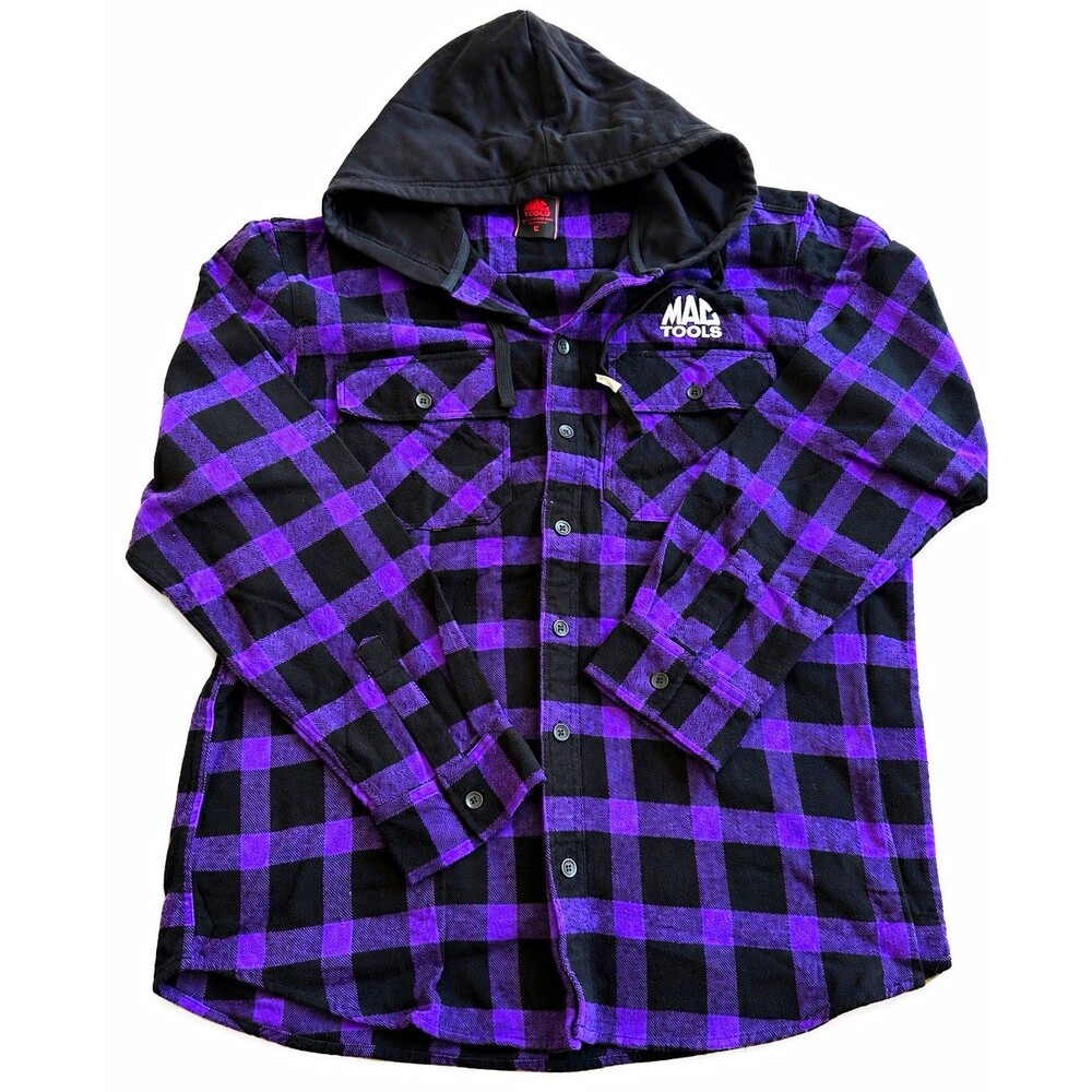 MAC Tools Men’s XL Hooded Flannel Plaid Button-Up Shirt Purple/Black Emb Logo